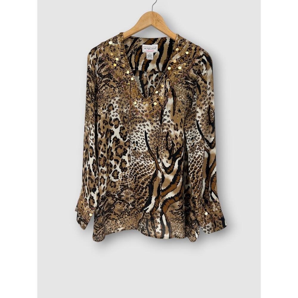 Victor Costa 100% Silk Animal Print Blouse Gold Sequin Embellished V-Neck Size M